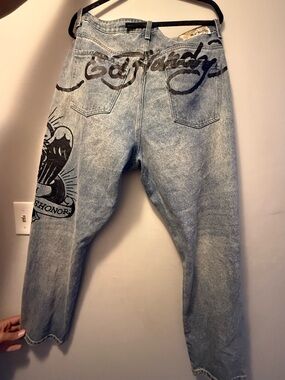 Ed Hardy Light Wash Jeans with Black Script and Graphic